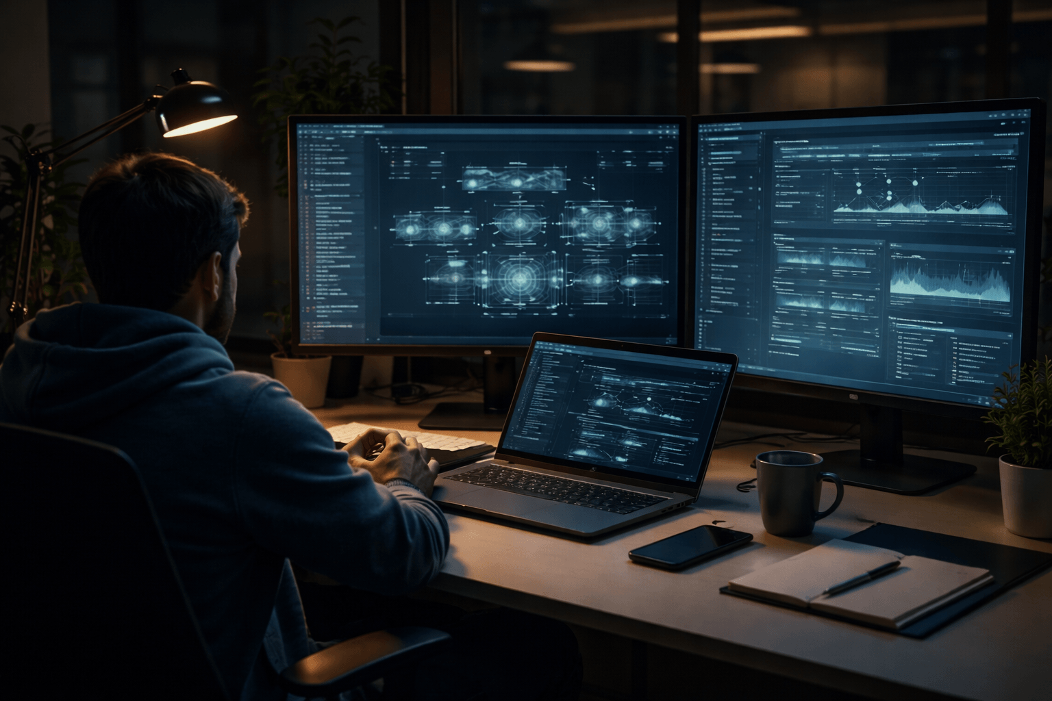 Late-night engineer at workstation