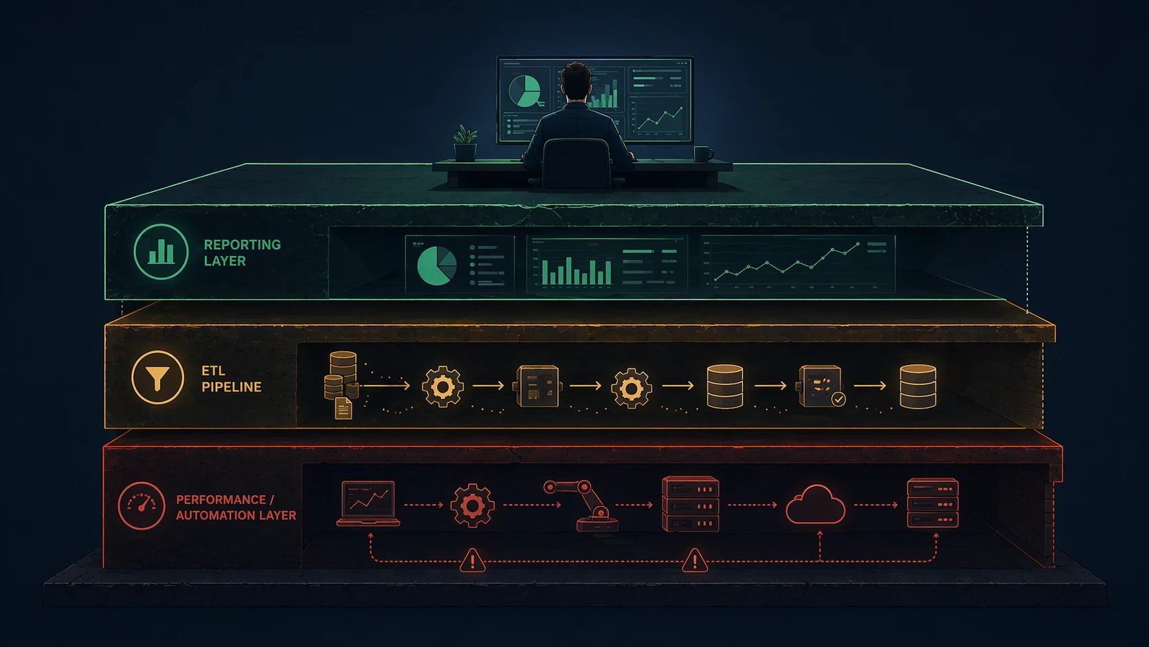 Delivery stack cross-section showing scope blindness — specialist visible only at reporting layer with ETL and automation gaps below — EliteSquad.ai