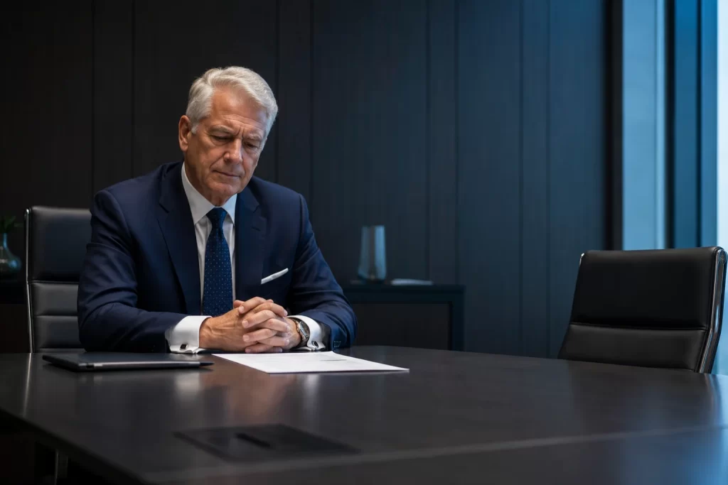 A senior delivery professional evaluating vendor documents with a considered expression — representing the careful, sceptical assessment of a delivery partner after a previous failed engagement