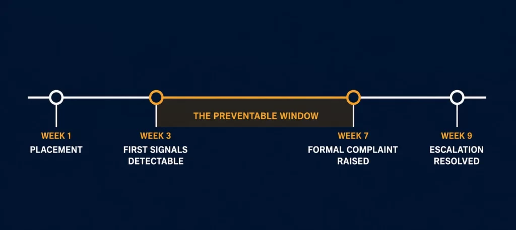A delivery timeline graphic identifying the preventable window between the first detectable signals at Week 3 and the formal client complaint at Week 7