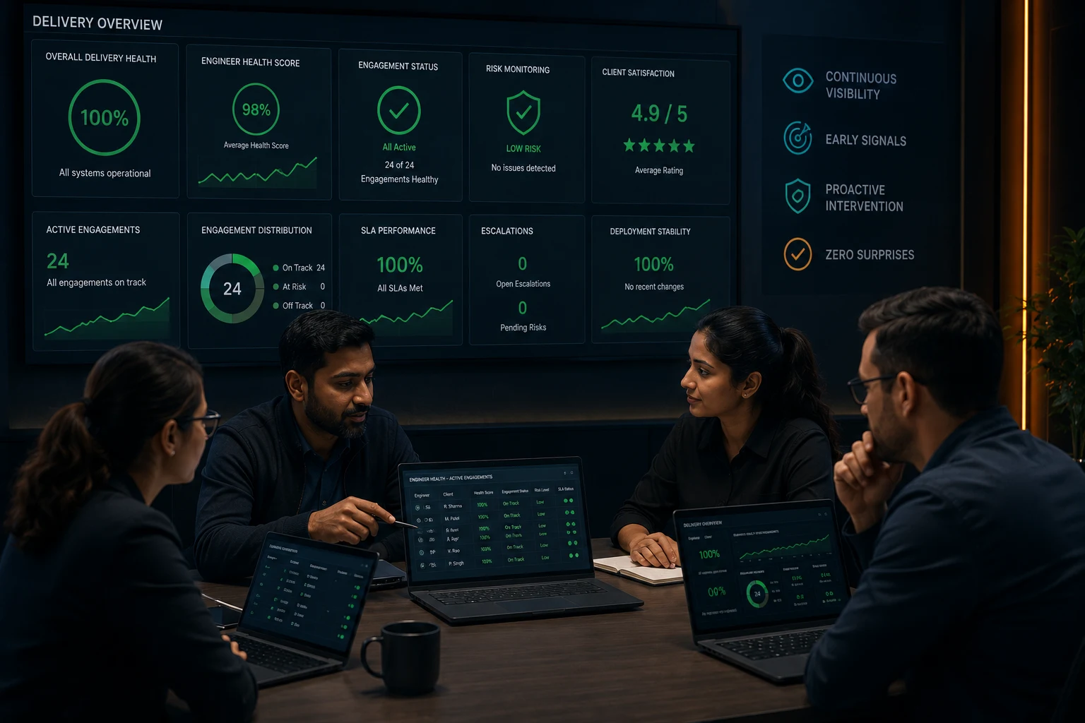 A delivery operations team reviewing structured performance dashboards with green indicators — representing proactive engineer monitoring and the absence of unexpected client escalations