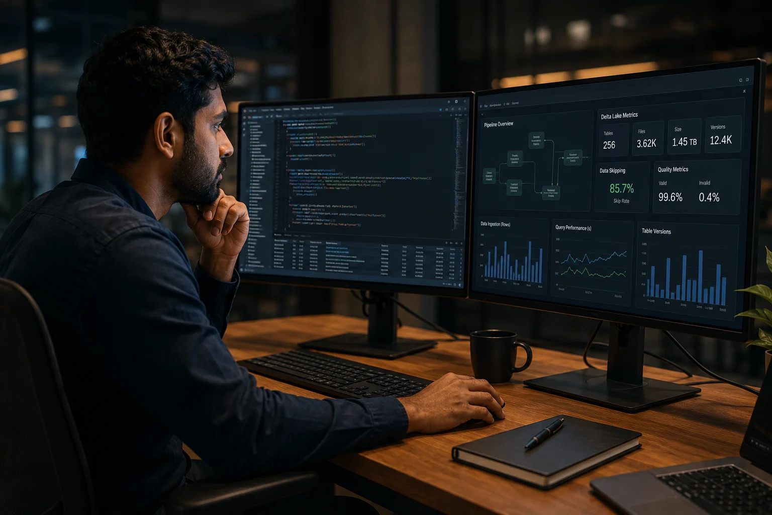AWS Databricks PySpark data engineer reviewing pipeline code and Delta Lake metrics — EliteSquad.ai