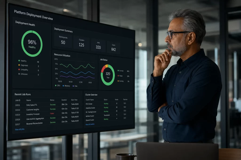 Senior data architect reviewing AWS Databricks deployment dashboard — EliteSquad.ai