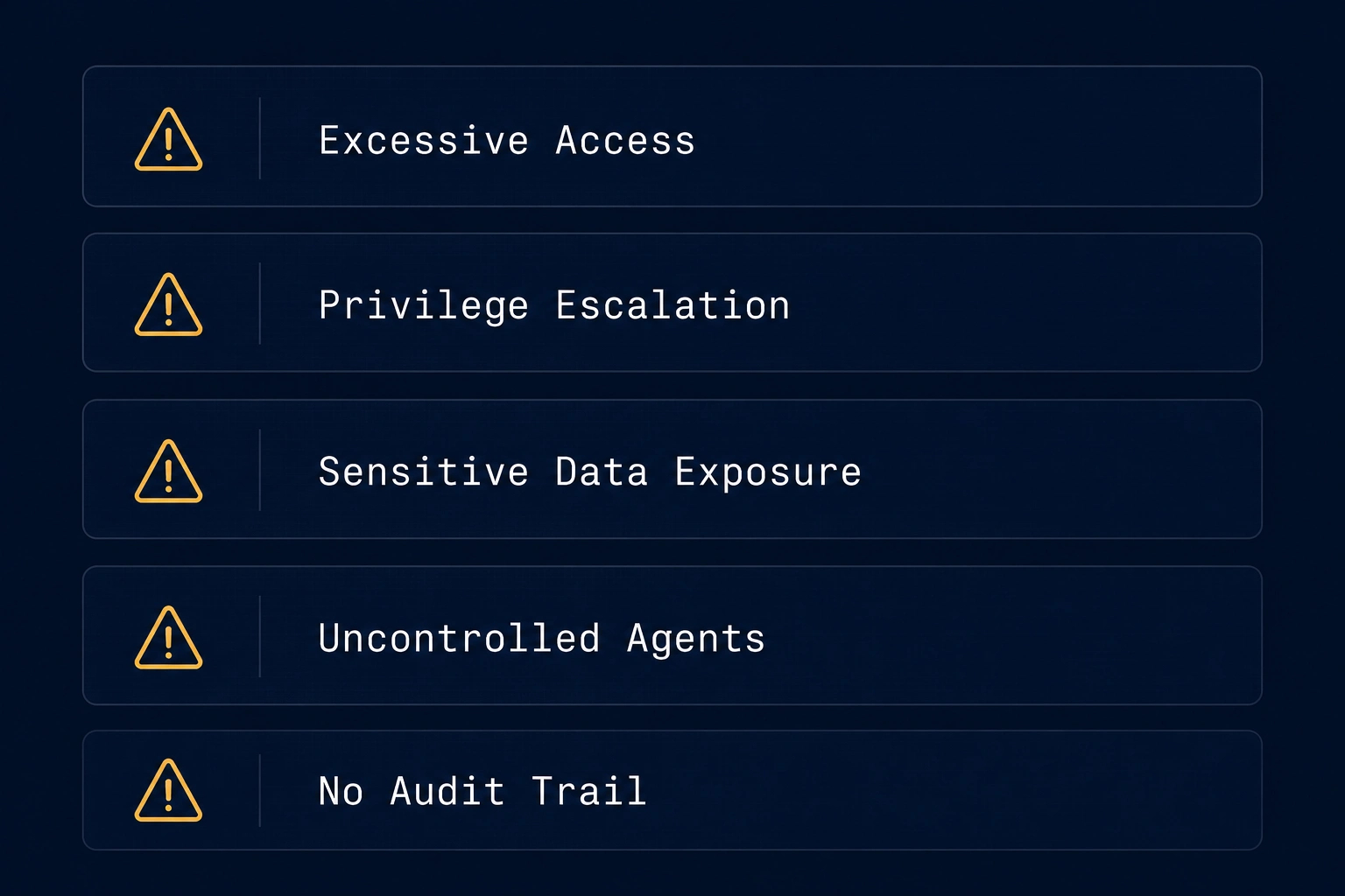 Five common enterprise AI security failure modes: excessive access, privilege escalation, sensitive data exposure, uncontrolled agents, no audit trail